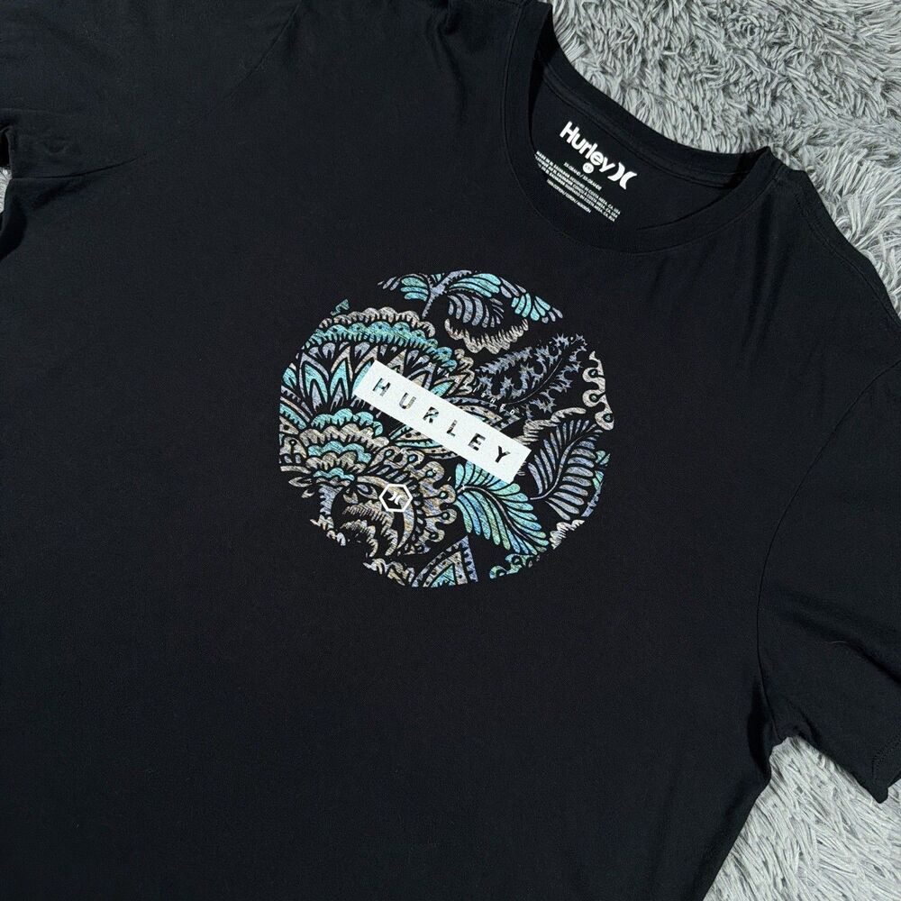 Hurley Shirt XXL Black White Floral Graphic Center Spellout Pullover Tee Mens